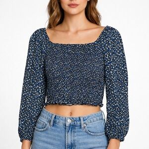GAP Smocked Square Neck Floral Crop Top Long Sleeve Women's Small